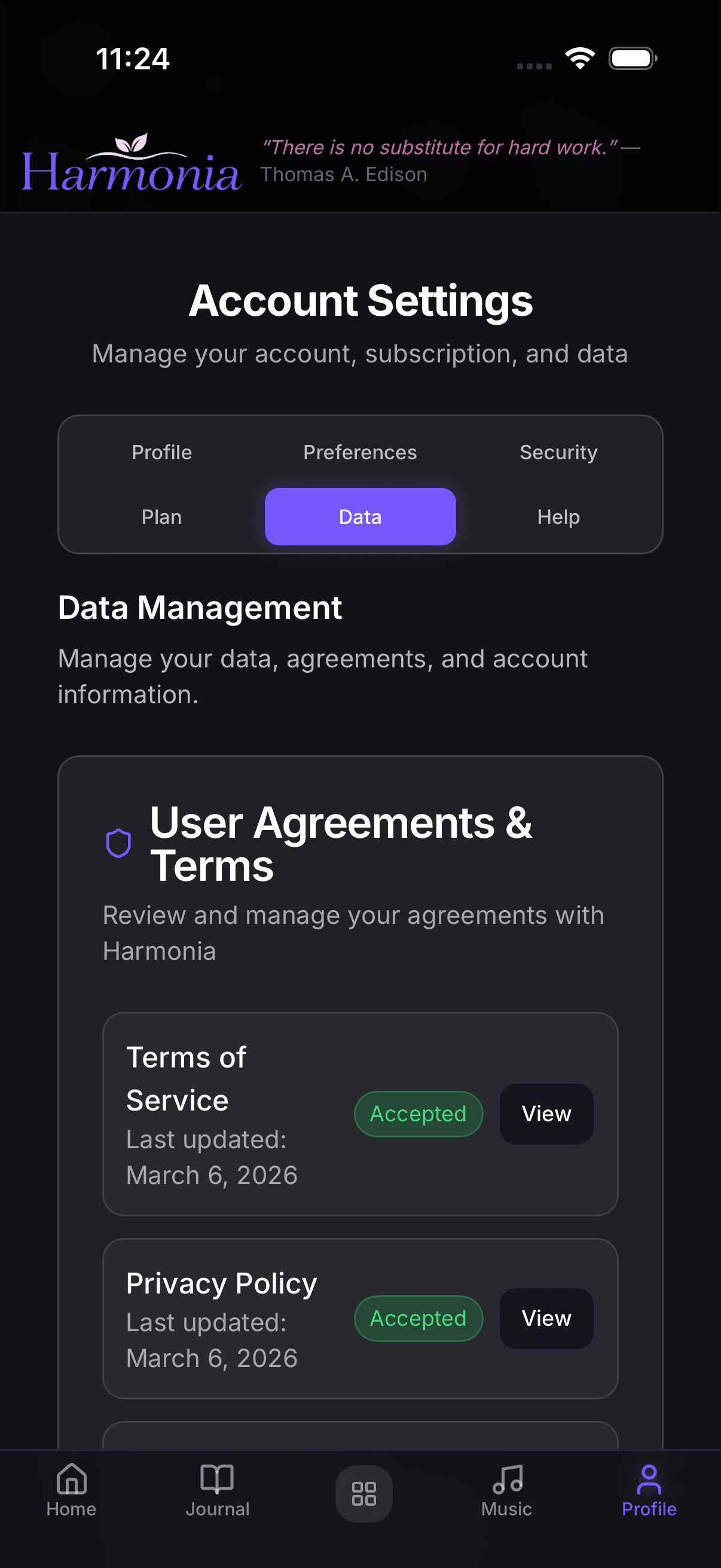 Harmonia Account Settings on iPhone
