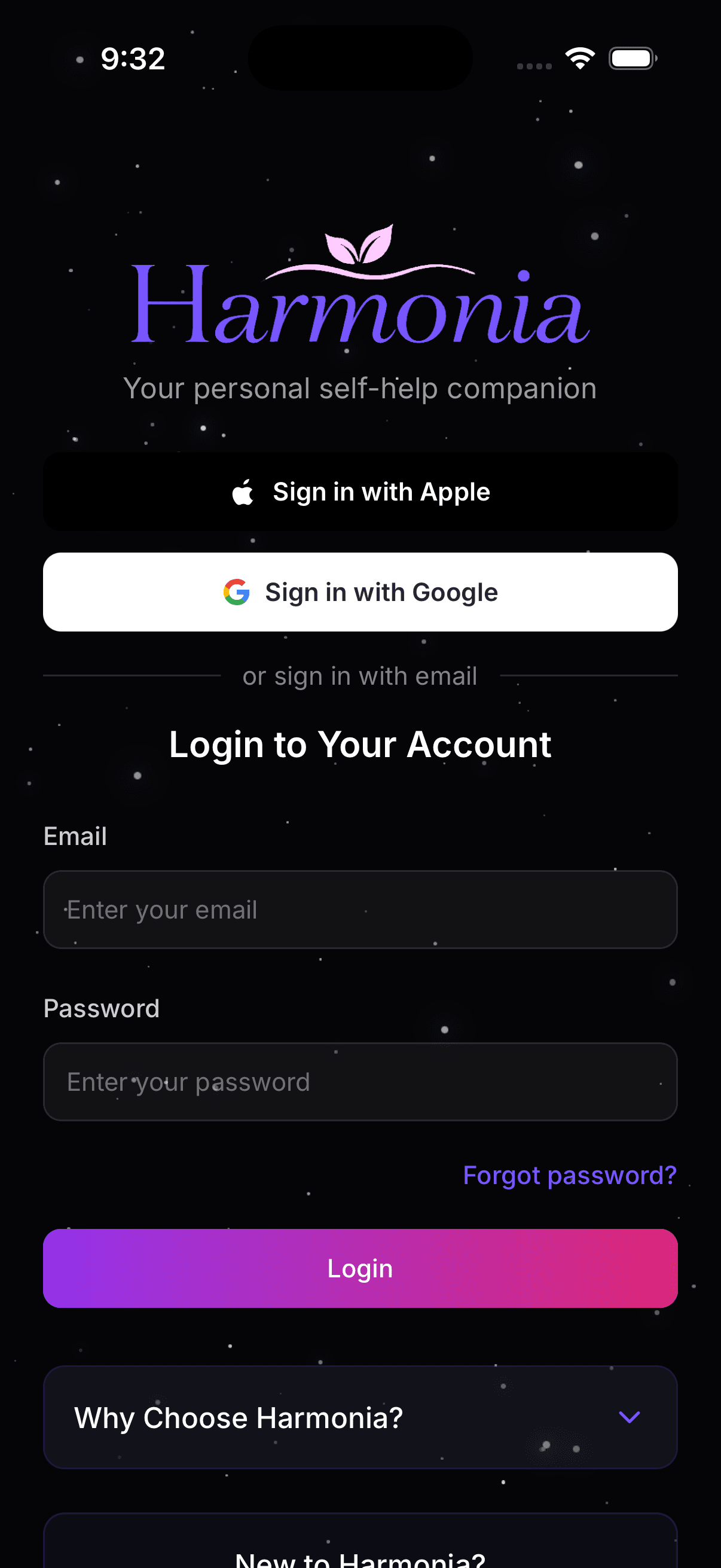 Harmonia login on iPhone